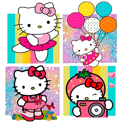 Ilustração colorida da personagem Hello Kitty em quatro poses diferentes: dançando em uma saia rosa, segurando balões coloridos, vestindo um vestido rosa e segurando uma câmera, com fundo brilhante e vibrante.