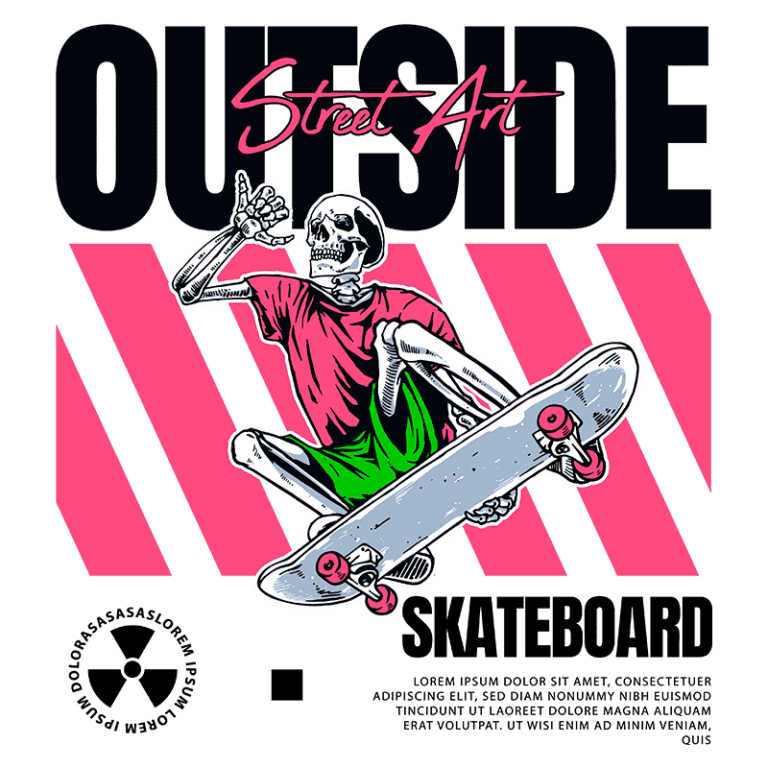 Esqueleto skatista realizando uma manobra sobre um skate com elementos gráficos de arte de rua ao fundo, destacando as palavras "Outside" e "Skateboard" em estilo vibrante e moderno.
