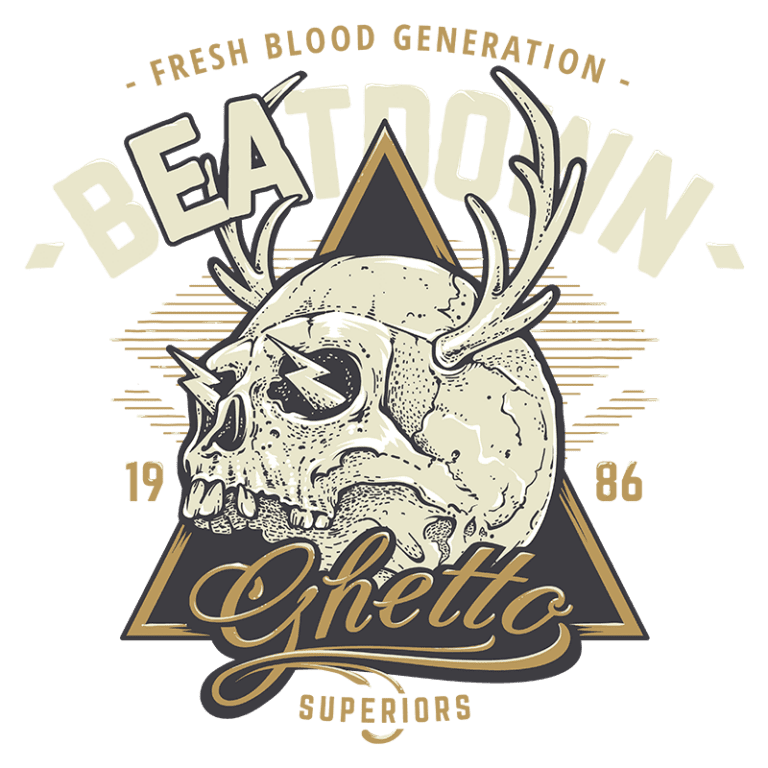 Design de camiseta com arte gráfica que apresenta um crânio decorado com chifres, rodeado por elementos de estilo vintage. O texto inclui "BEATDOWN", "Ghetto" e "Fresh Blood Generation", com a data "1986" destacada. Ideal para fãs de moda alternativa e streetwear.