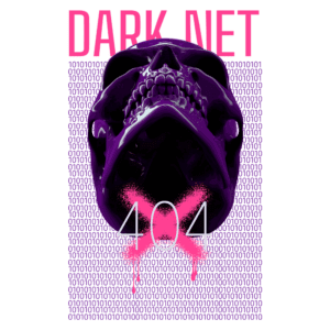 Imagem artística representando o conceito de "Dark Net", com um crânio roxo sobre fundo de código binário e o número "404" riscado em rosa, simbolizando uma página não encontrada.