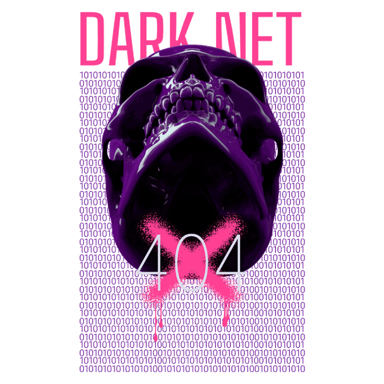 Imagem artística representando o conceito de "Dark Net", com um crânio roxo sobre fundo de código binário e o número "404" riscado em rosa, simbolizando uma página não encontrada.