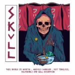 Ilustração de uma figura esquelética vestindo um capuz, segurando um prato de macarrão com hashi, rodeada por cortinas vermelhas. O design apresenta elementos de arte pop e uma mensagem reflexiva sobre a mortalidade e vulnerabilidade da vida.