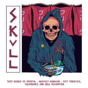 Ilustração de uma figura esquelética vestindo um capuz, segurando um prato de macarrão com hashi, rodeada por cortinas vermelhas. O design apresenta elementos de arte pop e uma mensagem reflexiva sobre a mortalidade e vulnerabilidade da vida.