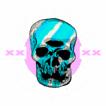 Ilustração de um crânio estilizado em azul, rodeado por um padrão gráfico em tons de rosa e preto. Design moderno com elementos geométricos que destacam a arte urbana e a estética alternativa.