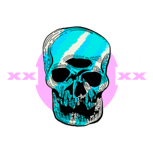 Ilustração de um crânio estilizado em azul, rodeado por um padrão gráfico em tons de rosa e preto. Design moderno com elementos geométricos que destacam a arte urbana e a estética alternativa.