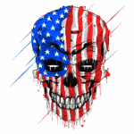 Imagem de um crânio estilizado, dividido em duas partes com as cores da bandeira dos Estados Unidos, azul e vermelho, com listras brancas, apresentando um visual sombrio e artístico. A arte reflete uma fusão entre o tema macabro e patriotismo.