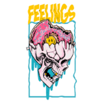 Skull estilizado com um donut rosa na parte superior, simbolizando emoções, com a palavra "FEELINGS" em destaque. O fundo apresenta detalhes em azul, trazendo um contraste vibrante à arte.