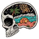 Ilustração de um crânio com uma cena tropical interior, incluindo um coqueiro, ondas do mar e uma praia; a frase "GOOD TIMES" é destacada no fundo.