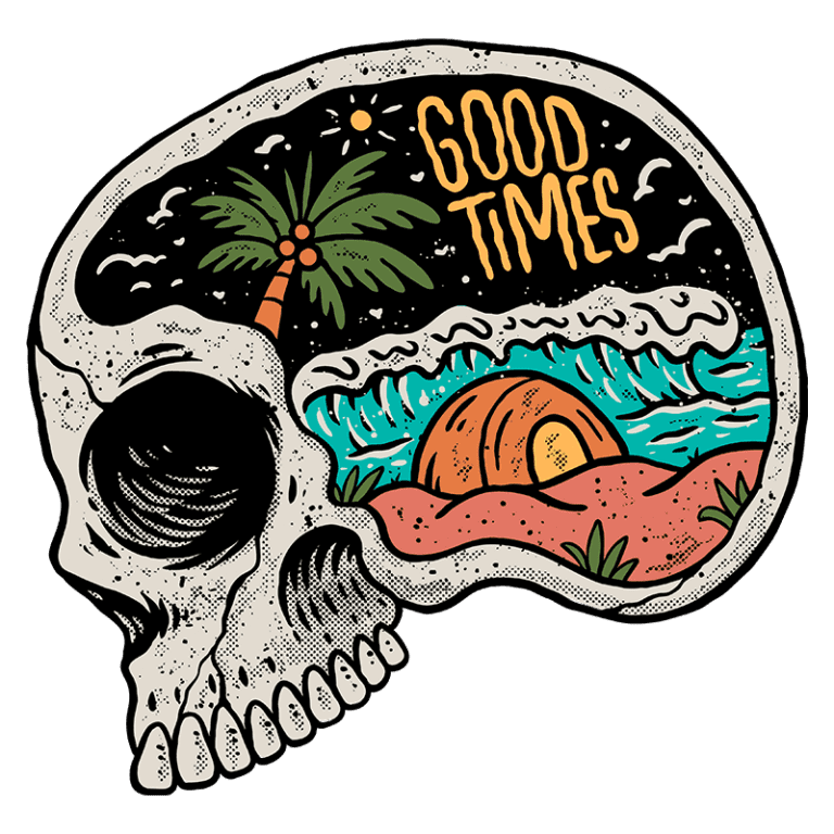 Ilustração de um crânio com uma cena tropical interior, incluindo um coqueiro, ondas do mar e uma praia; a frase "GOOD TIMES" é destacada no fundo.