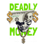 Imagem de arte gráfica com uma caveira adornada por corrente e encantos de dólar, sobre uma nota de cem dólares. O fundo apresenta texto chamativo em verde com as palavras "MONEY" e "DEADLY" e temas de avareza e alerta contra a ganância excessiva. Ideal para discussão sobre consumismo e suas consequências.