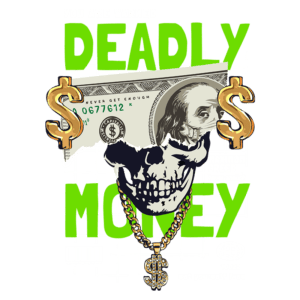 Imagem de arte gráfica com uma caveira adornada por corrente e encantos de dólar, sobre uma nota de cem dólares. O fundo apresenta texto chamativo em verde com as palavras "MONEY" e "DEADLY" e temas de avareza e alerta contra a ganância excessiva. Ideal para discussão sobre consumismo e suas consequências.