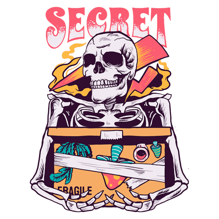 Esqueleto segurando uma caixa "frágil" com itens coloridos, como um biquíni e garrafas, sobre um fundo vibrante com elementos gráficos de explosão e a palavra "SECRET".