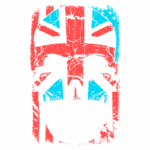 Ilustração de um crânio estilizado com as cores da bandeira britânica, apresentando um fundo com listras vermelhas e azuis, simbolizando uma fusão entre elementos culturais. Ideal para design gráfico ou moda alternativa.
