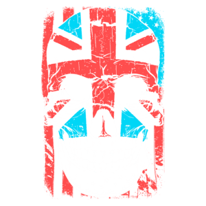 Ilustração de um crânio estilizado com as cores da bandeira britânica, apresentando um fundo com listras vermelhas e azuis, simbolizando uma fusão entre elementos culturais. Ideal para design gráfico ou moda alternativa.