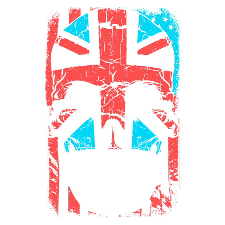 Ilustração de um crânio estilizado com as cores da bandeira britânica, apresentando um fundo com listras vermelhas e azuis, simbolizando uma fusão entre elementos culturais. Ideal para design gráfico ou moda alternativa.