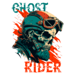 Ilustração do personagem Ghost Rider, com um crânio estilizado usando um capacete de motociclista e óculos de proteção, em um fundo vibrante com efeitos de tinta. A arte destaca os elementos de rock e cultura motociclista.