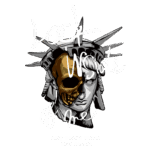 Imagem estilizada de uma escultura que mistura elementos da Estátua da Liberdade e um crânio, acompanhada de letras em destaque que dizem "Look Inside of Me" e uma frase em português "only what's inside that counts". Design representa a dualidade entre aparência externa e essência interna.