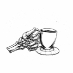 Ilustração de mão esquelética segurando uma caneca de café com a frase "Coffee for Today" em um design artístico, simbolizando a energia e o estilo de vida moderno dos apreciadores de café.