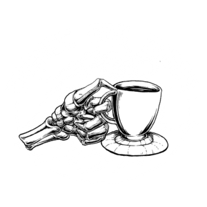 Ilustração de mão esquelética segurando uma caneca de café com a frase "Coffee for Today" em um design artístico, simbolizando a energia e o estilo de vida moderno dos apreciadores de café.