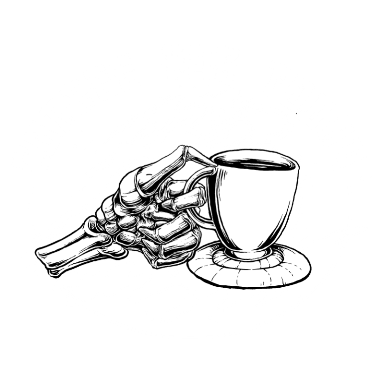 Ilustração de mão esquelética segurando uma caneca de café com a frase "Coffee for Today" em um design artístico, simbolizando a energia e o estilo de vida moderno dos apreciadores de café.