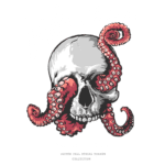 Ilustração de um crânio envolto por tentáculos de polvo, com a palavra "Wisdom" em destaque. Design artístico para a coleção Phenomena, que abrange as estações de inverno, outono, primavera e verão.