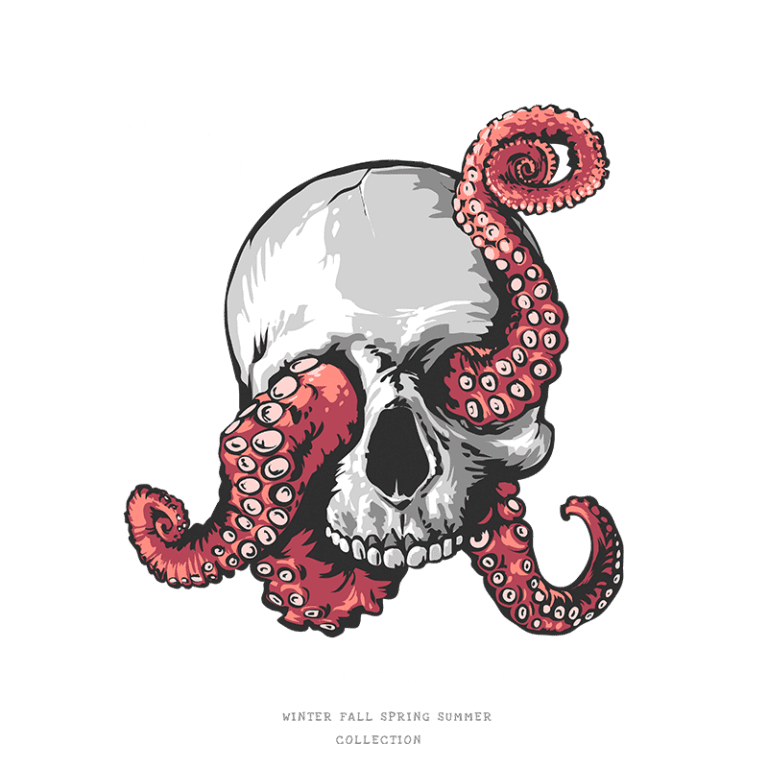 Ilustração de um crânio envolto por tentáculos de polvo, com a palavra "Wisdom" em destaque. Design artístico para a coleção Phenomena, que abrange as estações de inverno, outono, primavera e verão.