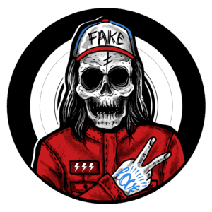 Ilustração de uma figura esquelética com cabelo longo, usando um boné com a palavra "FAKE" e uma jaqueta vermelha. A figura faz um gesto de paz com a mão direita, enquanto a mão esquerda exibe um desenho azul. O fundo é circular e apresenta um padrão em preto e branco.