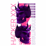 Skull roxo com coroa espinhosa em fundo rosa, com as palavras "HACKER XXX" e "anonymous" apresentadas em tipografia estilizada.