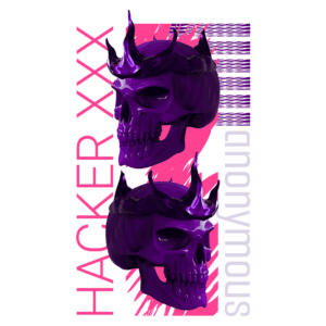 Skull roxo com coroa espinhosa em fundo rosa, com as palavras "HACKER XXX" e "anonymous" apresentadas em tipografia estilizada.