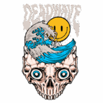 Ilustração de uma caveira estilizada com olhos azuis, acompanhada por ondas do mar e um sol sorridente. A arte inclui o texto "DEADWAVE" no topo, combinando elementos de surf e estética gótica. Ideal para fãs de design gráfico ousado e cultura de surf.