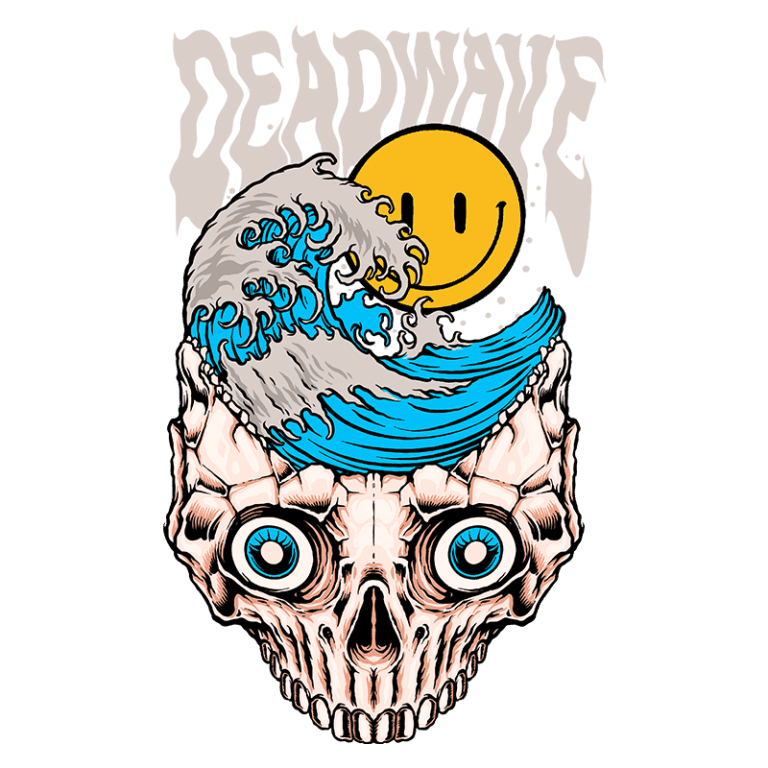 Ilustração de uma caveira estilizada com olhos azuis, acompanhada por ondas do mar e um sol sorridente. A arte inclui o texto "DEADWAVE" no topo, combinando elementos de surf e estética gótica. Ideal para fãs de design gráfico ousado e cultura de surf.