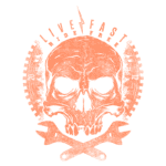 Imagem com um desenho de caveira estilizada em laranja, cercada por engrenagens e chaves inglesas cruzadas. O texto "LIVE FAST RIDE FREE" e o ano "2012" estão destacados, refletindo uma estética de motocicletas e cultura biker.