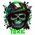 Imagem de um crânio estilizado com um capacete de piloto, em tons de verde e preto, com a palavra "TOXIC" em destaque. O design apresenta elementos de arte digital com um fundo dinâmico, evocando uma estética ousada e moderna. Ideal para temas relacionados a jogos, cultura pop ou moda alternativa.