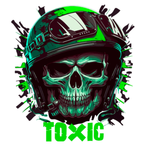 Imagem de um crânio estilizado com um capacete de piloto, em tons de verde e preto, com a palavra "TOXIC" em destaque. O design apresenta elementos de arte digital com um fundo dinâmico, evocando uma estética ousada e moderna. Ideal para temas relacionados a jogos, cultura pop ou moda alternativa.