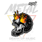 Ilustração de um crânio com chamas, simbolizando o gênero musical heavy metal, com as palavras "Death of Music" e "Metal Music is in My Soul" em destaque. Ideal para fãs de música pesada e cultura rock.