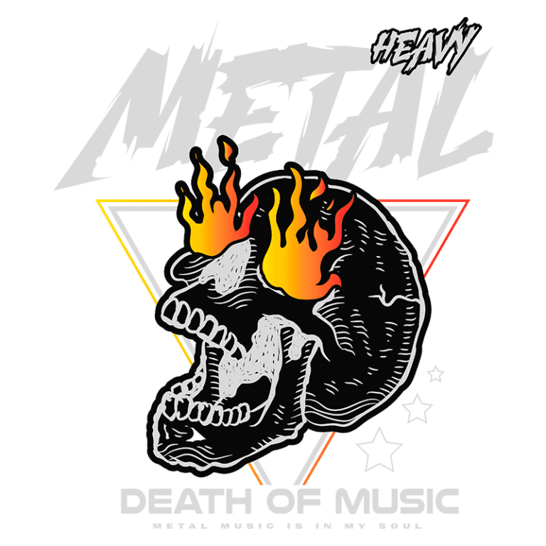 Ilustração de um crânio com chamas, simbolizando o gênero musical heavy metal, com as palavras "Death of Music" e "Metal Music is in My Soul" em destaque. Ideal para fãs de música pesada e cultura rock.