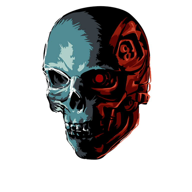 Imagem de um crânio estilizado com elementos robóticos em um fundo verde, apresentando uma metade azul e uma metade vermelha, acompanhada pela frase "What are you made of?". Ideal para temas de tecnologia, arte digital e cultura pop.