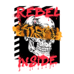 Imagem com um desenho estilizado de um crânio humano, sobreposto por uma faixa com a imagem de uma cabeça de tigre. O texto em destaque "REBEL INSIDE" é exibido em letras grandes e com efeito de respingos, transmitindo uma estética rebelde e ousada. Ideal para temas de tattoos, moda alternativa ou cultura urbana.