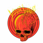 Ilustração de um crânio estilizado com uma mão esquelética, em um fundo com círculos concêntricos vermelhos e detalhes em amarelo. A arte apresenta um design ousado e impactante, ideal para temas relacionados ao rock, ao horror ou à cultura alternativa.