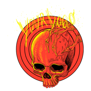 Ilustração de um crânio estilizado com uma mão esquelética, em um fundo com círculos concêntricos vermelhos e detalhes em amarelo. A arte apresenta um design ousado e impactante, ideal para temas relacionados ao rock, ao horror ou à cultura alternativa.