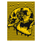 Ilustração de duas caveiras sobre um fundo amarelo com listras pretas, destacando um estilo artístico ousado e intrigante. Ideal para temas de arte, design gráfico ou cultura alternativa.
