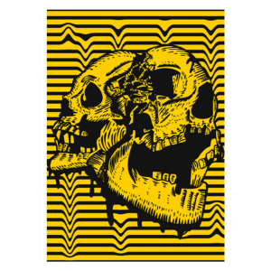 Ilustração de duas caveiras sobre um fundo amarelo com listras pretas, destacando um estilo artístico ousado e intrigante. Ideal para temas de arte, design gráfico ou cultura alternativa.