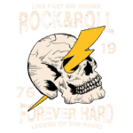 Imagem com design de arte rock and roll, apresentando uma caveira estilizada com um raio, acompanhada de frases icônicas como "Live Fast Die Young" e "Forever Hard". Elementos visuais remetem à cultura musical dos anos 70, destacando a expressão e a rebeldia do gênero.