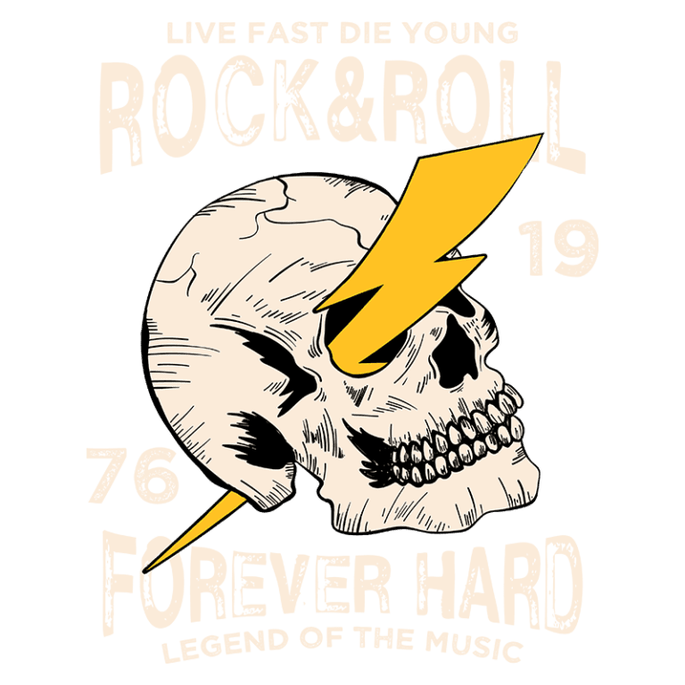 Imagem com design de arte rock and roll, apresentando uma caveira estilizada com um raio, acompanhada de frases icônicas como "Live Fast Die Young" e "Forever Hard". Elementos visuais remetem à cultura musical dos anos 70, destacando a expressão e a rebeldia do gênero.