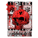 Caveira vermelha estilizada em um fundo ornamentado, com detalhes em preto e verde, incorporando elementos de arte gótica e influências de design sombrio. Ideal para temas de moda alternativa e decoração de interiores.