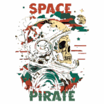 Ilustração de um astronauta com um crânio, representando um pirata espacial, com elementos cósmicos como estrelas e planetas, em um estilo artístico vibrante e colorido.