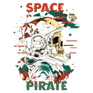 Ilustração de um astronauta com um crânio, representando um pirata espacial, com elementos cósmicos como estrelas e planetas, em um estilo artístico vibrante e colorido.