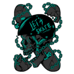Ilustração de um crânio usando um capacete de skate, com a frase "LET'S SKATE", cercado por correntes e pranchas de skate quebradas, representando a cultura do skate e a atitude ousada dos skatistas.