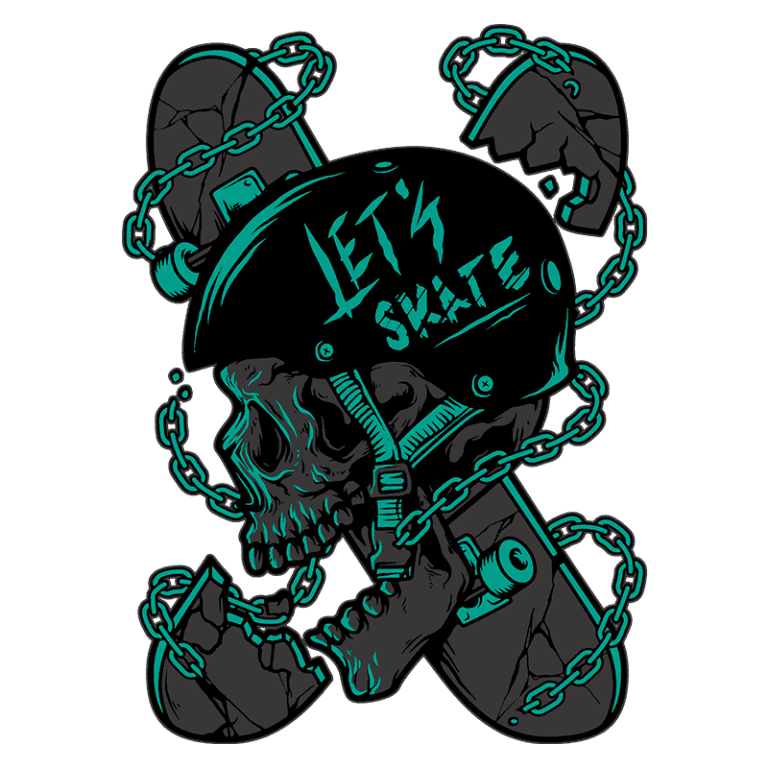 Ilustração de um crânio usando um capacete de skate, com a frase "LET'S SKATE", cercado por correntes e pranchas de skate quebradas, representando a cultura do skate e a atitude ousada dos skatistas.
