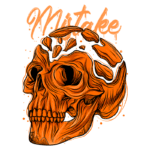 Ilustração de um crânio estilizado em laranja com fragmentos quebrados, acompanhado pela palavra "Mistake". A arte destaca detalhes dinâmicos e expressivos, ideal para designs criativos e modernos.